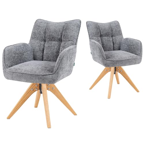 DUBI Möbel Esszimmerstühle 2er Set 360° drehbar mit Taschenfederkern, hoher Sitzkomfort, bis 150 kg belastbar, abriebfester Stoff Grau, Eiche Massivholzgestell geölt (Natur), Mika-Theo von DUBI Möbel
