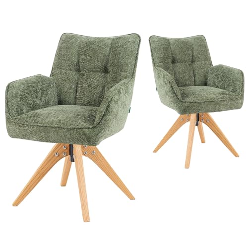DUBI Möbel Esszimmerstühle 2er Set 360° drehbar mit Taschenfederkern, hoher Sitzkomfort, bis 150 kg belastbar, abriebfester Stoff Grün, Eiche Massivholzgestell geölt (Natur), Mika-Theo von DUBI Möbel