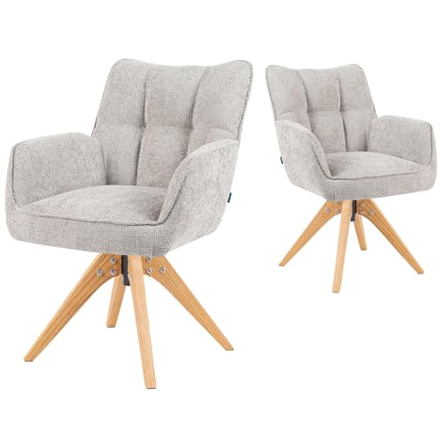 DUBI Möbel Esszimmerstühle 2er Set 360° drehbar mit Taschenfederkern, hoher Sitzkomfort, bis 150 kg belastbar, abriebfester Stoff Hellgrau, Eiche Massivholzgestell geölt (Natur), Mika-Theo von DUBI Möbel