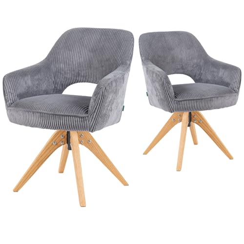 DUBI Möbel Esszimmerstühle 2er Set 360° drehbar mit Taschenfederkern, hoher Sitzkomfort, bis 150 kg belastbar,abriebfester Stoff Grau, Eiche Massivholzgestell im zeitlosen Design, Mika-Lena von DUBI Möbel