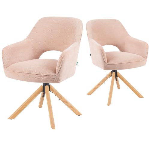 DUBI Möbel Mika-Lena Esszimmerstühle 2er-Set drehbar – Komfortpolsterung, breite Sitzfläche, Eiche massiv geölt Natur, 360°-Gestell, Stoff Rosa, 150 kg je Stuhl von DUBI Möbel