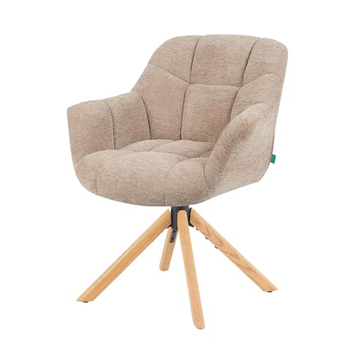 DUBI Möbel Mika-NEA Esszimmerstuhl drehbar – Eiche massiv geölt Natur, 360°-Drehgestell, mit Armlehnen, Komfortpolsterung, abriebfester Stoff Beige, bis 150 kg, Schminksessel, skandinavisch von DUBI Möbel