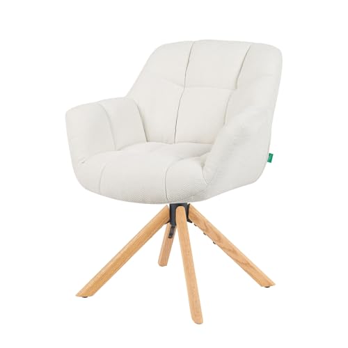DUBI Möbel Mika-NEA Esszimmerstuhl drehbar – Eiche massiv geölt Natur, 360°-Drehgestell, mit Armlehnen, Komfortpolsterung, abriebfester Stoff Creme, bis 150 kg, Schminksessel, skandinavisch von DUBI Möbel
