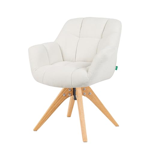 DUBI Möbel Mika-Nele Esszimmerstuhl drehbar – Eiche massiv geölt Natur, 360°-Drehgestell, mit Armlehnen, Komfortpolsterung, abriebfester Stoff Creme, bis 150 kg, Schminksessel, skandinavisch von DUBI Möbel