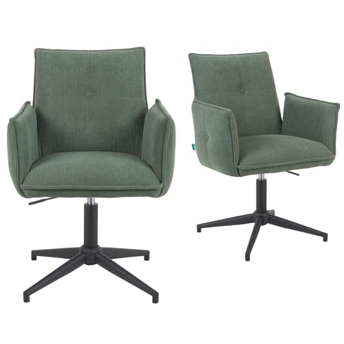 DUBI Möbel 2er Set Esszimmerstühle höhenverstellbar, Bürostühle, Konferenzstühle, 360° drehbar mit Taschenfederkern, ergonomisch gepolstert, modernes Metallgestell, Feincord Grün, Modell Mika-Till von DUBI Möbel