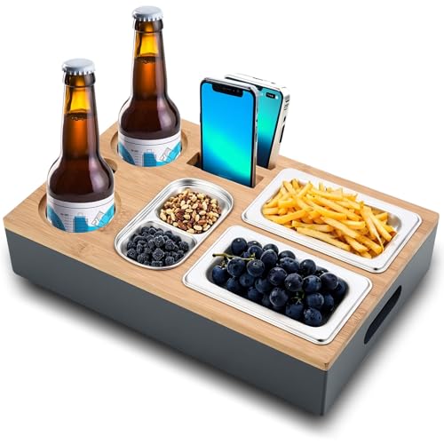 Couchbar Snackbox Grau Mit Snackschalen Aus Edelstahl Sofa Tablett Geeignet für Wohnzimmer, Sofa, Garten, Picknickparty von DUBUOZA