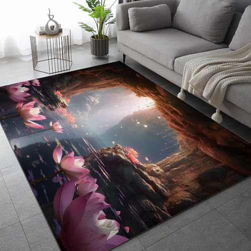 DUCAPE Abstrakter Lotus Teppiche, 90 x 120cm Höhle Teppich Bodenteppiche waschbar rutschfest atmungsaktiv für Wohnzimmer Schlafzimmer Heimdekoration leicht zu reinigen von DUCAPE
