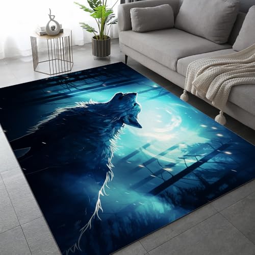 DUCAPE Abstrakter Schwarz-Blauer Wolf Teppich90 x 120cm Waldtiere 3D-Druck für Wohnzimmer Rutschfester Schlafzimmerteppich Kinderbodenmatte Polyester weich leicht zu reinigen von DUCAPE