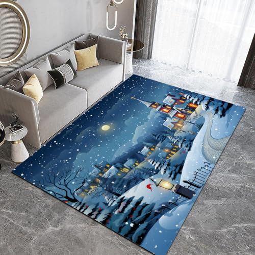 DUCAPE Blaue Schneelandschaft Und Mond Zurück 90 x 120cm Schloss Teppiche Wohnzimmer Teetischmatten Schlafzimmerteppich waschbare Bodenmatten von DUCAPE