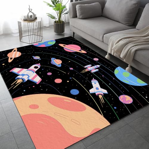 DUCAPE Bunter Planet Teppich 180 x 280cm Raumschiff Teppiche Wohnzimmerteppich weicher kurzfloriger mittelfloriger Rutschfester waschbarer Bodenmatten für Schlafzimmer von DUCAPE