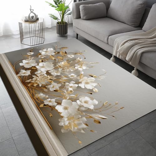 DUCAPE Moderne Weiß-Goldene Blumen Dekor Teppich,90 x 120cm Abstrakte Schlichtheit Teppiche für Wohnzimmer Schlafzimmer waschbarer Rutschfester weicher Teppich Heimdekoration DUCAPE Moderne Weiß-Goldene Blumen Dekor Teppich,90 x 120cm Abstrakte Schlichtheit Teppiche für Wohnzimmer Schlafzimmer waschbarer Rutschfester weicher Teppich Heimdekoration von DUCAPE