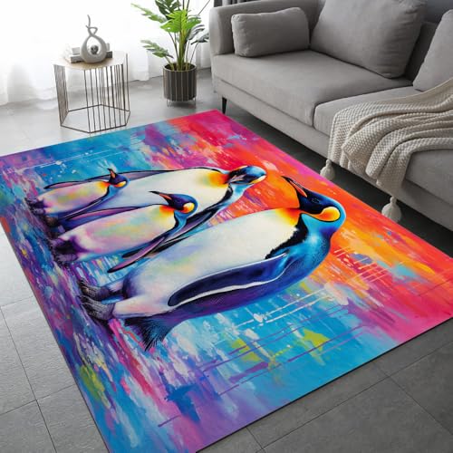 DUCAPE Pinguinfamilie Rot-Blau Teppich90 x 120cm Abstraktes Aquarell 3D-Druck für Wohnzimmer Rutschfester Schlafzimmerteppich Kinderbodenmatte Polyester weich leicht zu reinigen von DUCAPE