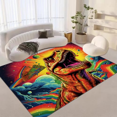 DUCAPE Regenbogen-Tyrannosaurus Teppich180 x 280cm Retro-Pop-Stil 3D-Druck für Wohnzimmer Rutschfester Schlafzimmerteppich Kinderbodenmatte Polyester weich leicht zu reinigen von DUCAPE