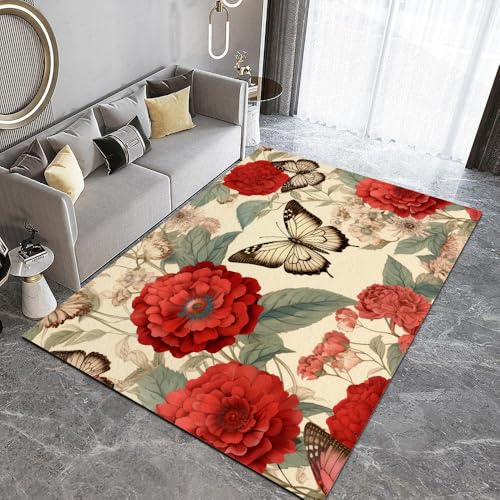 DUCAPE Retro-Rote Blume Mit Schmetterling Teppich60 x 90cm Pflanzentier 3D-Druck für Wohnzimmer Rutschfester Schlafzimmerteppich Kinderbodenmatte Polyester weich leicht zu reinigen DUCAPE Retro-Rote Blume Mit Schmetterling Teppich60 x 90cm Pflanzentier 3D-Druck für Wohnzimmer Rutschfester Schlafzimmerteppich Kinderbodenmatte Polyester weich leicht zu reinigen von DUCAPE