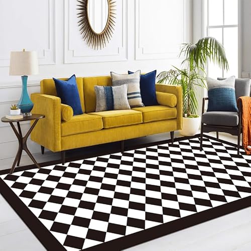 DUCAPE Schwarz-Weißer Teppich Mit Rautenmuster 240 x 300cm Schachbrett-Eingangsteppich, Rutschfester Teppich, Moderner Weicher Innenteppich Für Wohnzimmer, Schlafzimmer, Kinderzimmer von DUCAPE