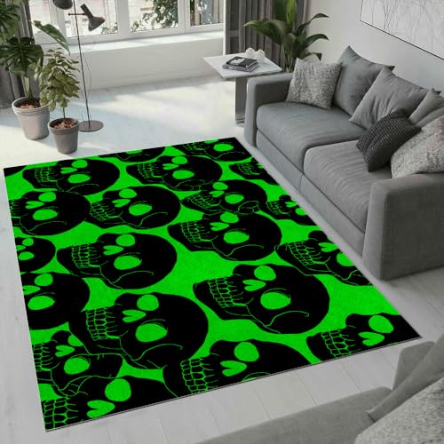 DUCAPE Totenkopf-Teppich – Totenkopf-Teppich Fluoreszierendes Grün Runder Teppich Rutschfester Teppich Waschbare Fußmatten Für Küche Schlafzimmer Wohnzimmer,120 X 150Cm von DUCAPE