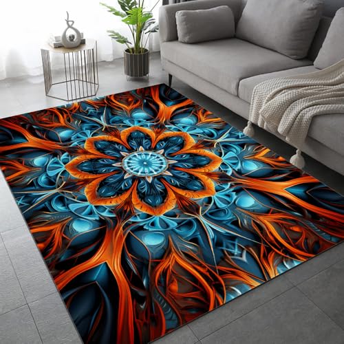 Moderner Abstrakter Blumenstil Teppiche,50 x 80cm Blaue Und Orangefarbene Blume Teppich Bodenteppiche waschbar rutschfest atmungsaktiv für Wohnzimmer Schlafzimmer Heimdekoration leicht zu reinigen von DUCAPE