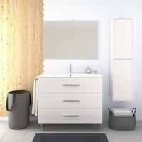 Waschbeckenunterschrank auf Standfüßen kayla mit Keramik Waschtisch und Spiegel - 3 Schubladen - Handtuchhalter als Geschenk- Weiß - 80CM mit von DUCHA