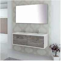 Bad-Hängeschrank enif mit Keramik Waschtisch und Spiegel - Handtuchhalter als Geschenk mit Doppelwaschbecken - 120 cm - Kombi: Eiche Smoky und Weiß von DUCHA