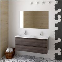 Set Bad-Hängeschrank Waschbecken mizar mit Keramik Waschtisch und Spiegel - Handtuchhalter als Geschenk - Esche Tea - 120CM Doppel-Waschtisch von DUCHA