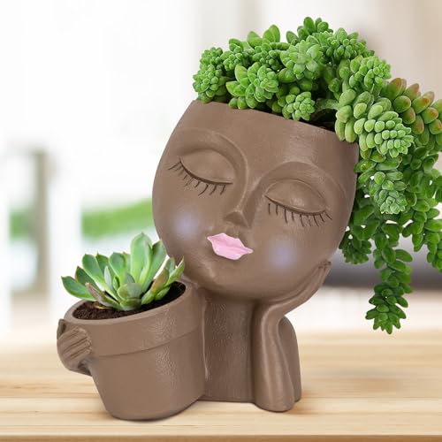 DUCHIFAD Blumentopf Gesicht Kopf Übertopf für Sukkulenten Pflanze Licht für Indoor Outdoor-Pflanzen Double Resin Cute Lady Face mit Drainage-Loch für Sukkulenten DIY Geschenke (Brown) von DUCHIFAD