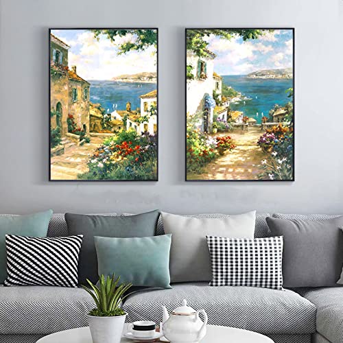 Mediterrane Poster, Meereslandschaft, Leinwandbild, moderne Wandkunst, Esszimmer, Drucke, Bilder für Wohnzimmer, Zuhause, Flur, Dekoration, 50 x 70 cm x 2, rahmenlos von DUDLOO