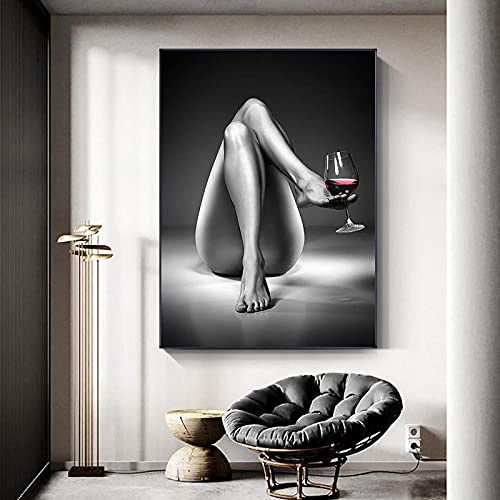 Nackte Frau Weinglas Gemälde Schwarz Weiß Sexy Mädchen Leinwand Poster und Drucke Nordische Bilder für Wohnzimmer Wohnkultur 80x120cm rahmenlos von DUDLOO