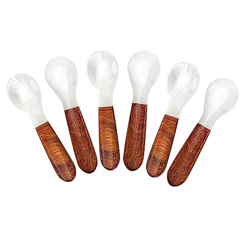 DUEBEL Set mit 6 Kaviarlöffeln mit Holzgriff, 10,2 cm Perlmuttlöffel für Kaviar-Servieren, Eier-Servieren, Catering-Deroration von DUEBEL