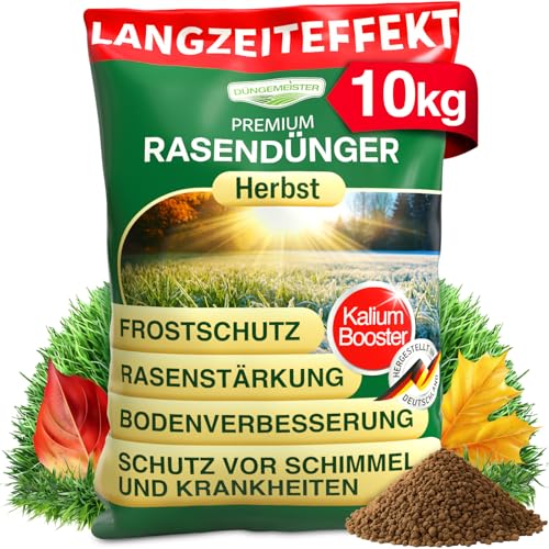 DÜNGEMEISTER Herbst Rasendünger – mit Langzeitwirkung und KaliumschutzPlus Formel für extrem winterfesten, sattgrünen Rasen! Perfekte Widerstandsfähigkeit gegen Frost & Krankheiten (10kg) von DÜNGEMEISTER