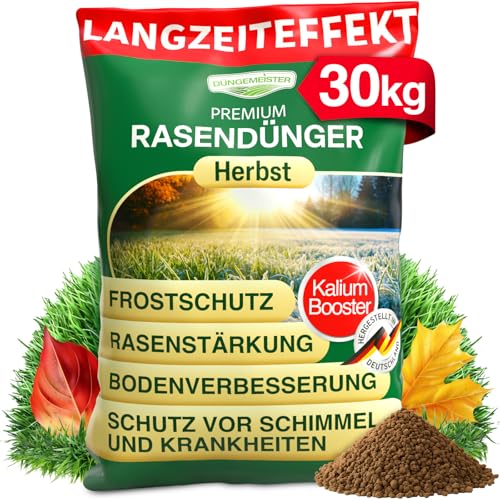 DÜNGEMEISTER Herbst Rasendünger – mit Langzeitwirkung und KaliumschutzPlus Formel für extrem winterfesten, sattgrünen Rasen! Perfekte Widerstandsfähigkeit gegen Frost & Krankheiten (30kg) von DÜNGEMEISTER
