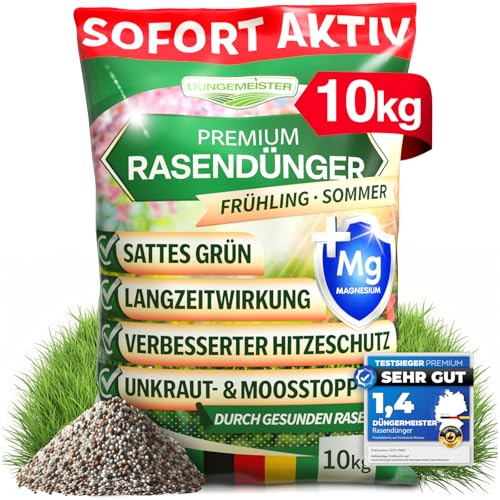 DÜNGEMEISTER Rasendünger für Ihren sattgrünsten Traumrasen - gesunder, dichter und sattgrüner Rasen sofort mit revolutionärer KI Formel - Langzeit NPK/Organisch Frühjahr/Sommer (10 kg) von DÜNGEMEISTER