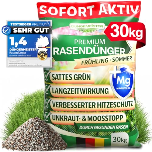 DÜNGEMEISTER Rasendünger für Ihren sattgrünsten Traumrasen - gesunder, dichter und sattgrüner Rasen sofort mit revolutionärer KI Formel - Langzeit NPK/Organisch Frühjahr/Sommer (30 kg) von DÜNGEMEISTER