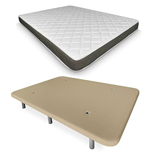 DUÉRMETE ONLINE, Beige Komplettes Bett mit Wende-Matratze + verstärkter Polsterung, 6 Beinen, Holz, 150 x 190 von DUÉRMETE ONLINE