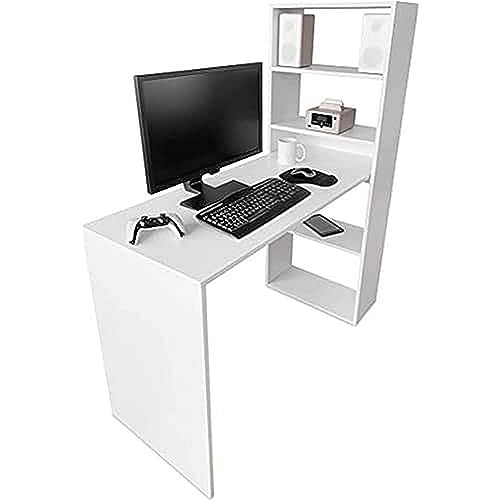 DUÉRMETE ONLINE, weiß, Schreibtisch mit Regal, Computertische, praktisch und funktional, Holz, 122 x 53,2 x 140 cm von DUÉRMETE ONLINE