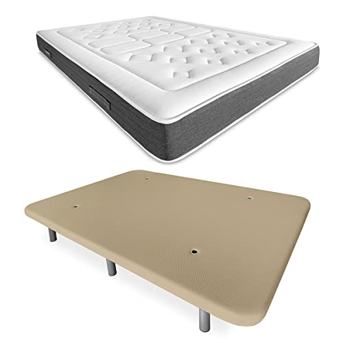 DUÉRMETE ONLINE Beige Komplettes Bett mit viskoelastischer Matratze Bio Nature + verstärkter Polsterboden Farbe 6 Beinen, Holz, 105 x 190 von DUÉRMETE ONLINE