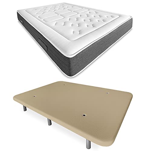 DUÉRMETE ONLINE Beige Komplettes Bett mit viskoelastischer Matratze Bio Nature + verstärkter Polsterboden Farbe 6 Beinen, Holz, 135 x 190 von DUÉRMETE ONLINE