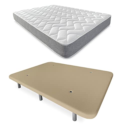 DUÉRMETE ONLINE Beige Komplettes Bett mit wendbarer Viscotec-Matratze + verstärkter Polsterboden 6 Beinen, Holz, 105 x 190 von DUÉRMETE ONLINE