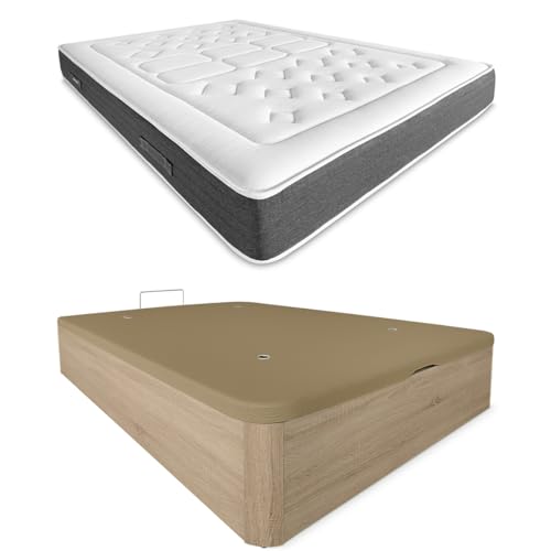 DUÉRMETE ONLINE Cambria Viskoelastische Matratze Bio Nature, Dicke 24 cm + aufklappbares Holzbett, großes Fassungsvermögen, Farbe, Holz Polyurethan, 150 x 190 von DUÉRMETE ONLINE