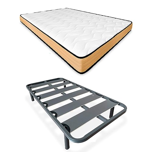 DUÉRMETE ONLINE Komplettes Bett mit Aura-Matratze und verstärktem Lattenrost, 40 x 30 mm, mit Metallfüßen, Legierter Stahl, grau, 105 x 190 von DUÉRMETE ONLINE