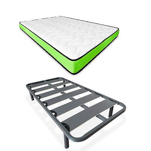 DUÉRMETE ONLINE Komplettes Bett mit Visko-Matratze, wendbar, mit verstärktem Lattenrost, 40 x 30 mm, mit Metallfüßen, Legierter Stahl, grau, 90 x 190 von DUÉRMETE ONLINE