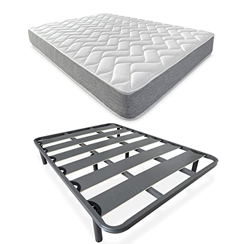 DUÉRMETE ONLINE Komplettes Bett mit wendbarer Viscotec-Matratze (Gesicht für Winter/Sommer) + verstärkter Lattenrost 40 x 30 mm mit 4 Metallfüßen, Legierter Stahl, grau, 90 x 190 von DUÉRMETE ONLINE