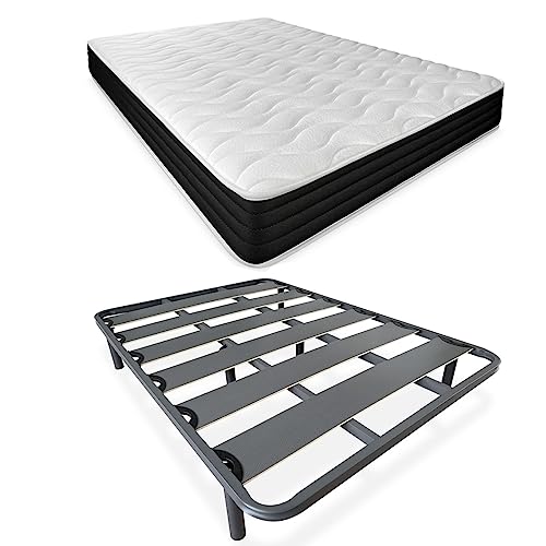 DUÉRMETE ONLINE Komplettes Bett mit wendbarer Visko-Matratze (Winter/Sommer) + verstärktem Lattenrost, 40 x 30 mm, mit Metallbeinen, mit Gewinde, Legierter Stahl, grau, 135 x 190 von DUÉRMETE ONLINE