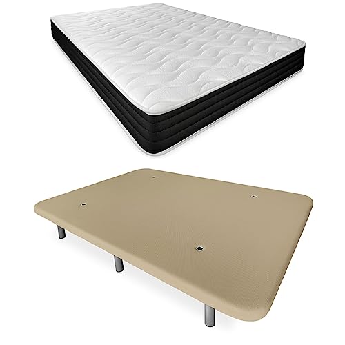 DUÉRMETE ONLINE Komplettes Bett mit wendbarer Visko-Matratze + verstärktem Polsterboden, Beige mit 6 Beinen, Holz, 135 x 190 von DUÉRMETE ONLINE