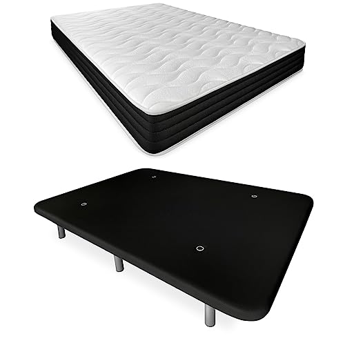 DUÉRMETE ONLINE Komplettes Bett mit wendbarer Visko-Matratze und verstärktem Polsterboden, Schwarz mit 6 Beinen, Holz, 150 x 190 cm von DUÉRMETE ONLINE