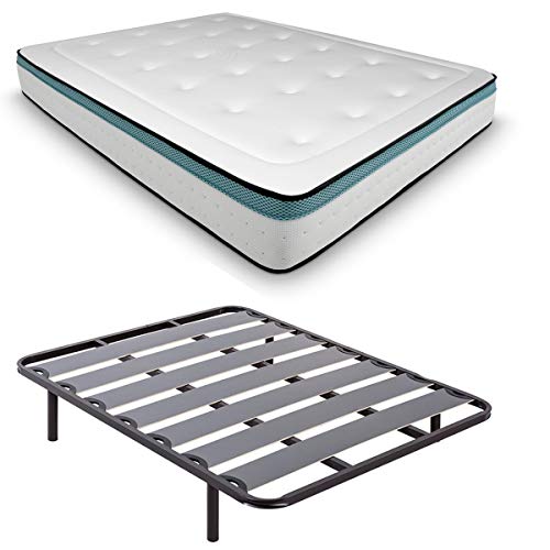 DUÉRMETE ONLINE Packung mit Lattenrost, verstärkt, breite Latten, viskoelastische Matratze Bio Max, mit Schraubfüßen, Höhe 27 cm, 105 x 190 cm von DUÉRMETE ONLINE