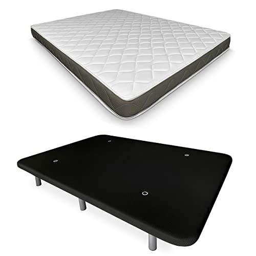 DUÉRMETE ONLINE Schwarz Komplettes Bett mit Wende-Matratze + verstärkter Polsterboden Farbe 6 Beinen, Holz, 105 x 190 von DUÉRMETE ONLINE