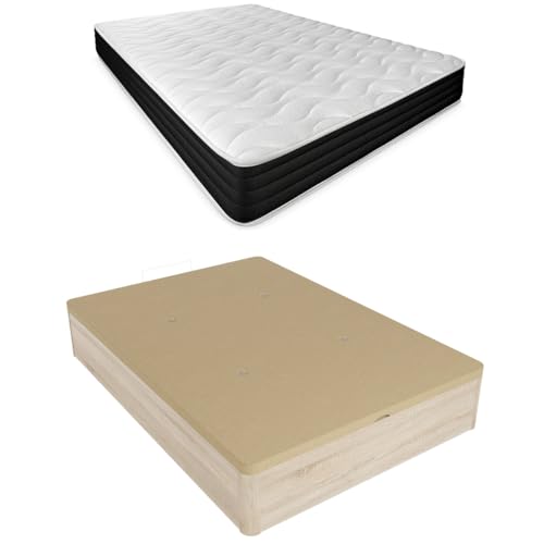 DUÉRMETE ONLINE Viskoelastische Matratze Pocket Visco + Kissen + aufklappbares Bett mit großem Fassungsvermögen, Holz, Kambria, 135 x 190 cm von DUÉRMETE ONLINE