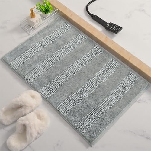 Chenille Badematte rutschfest Badezimmerteppich Weich Badteppich Saugfähige Badvorleger Waschbar Duschvorleger für Badezimmer Dusche und Badewanne (Light Gray, 40×60cm) von DUEYUN