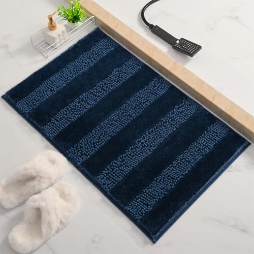 Chenille Badematte rutschfest Badezimmerteppich Weich Badteppich Saugfähige Badvorleger Waschbar Duschvorleger für Badezimmer Dusche und Badewanne (Navy, 50×80cm) von DUEYUN