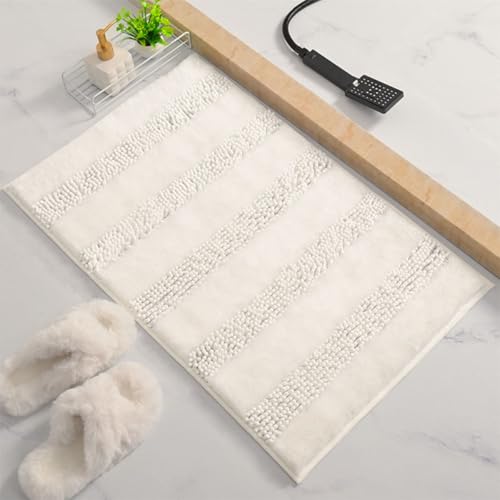 Chenille Badematte rutschfest Badezimmerteppich Weich Badteppich Saugfähige Badvorleger Waschbar Duschvorleger für Badezimmer Dusche und Badewanne (White, 50×80cm) von DUEYUN